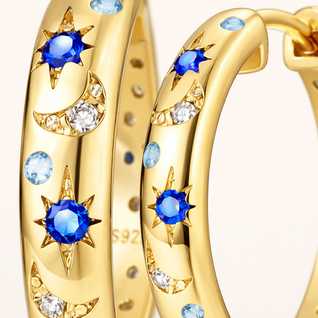 Boucles d’oreilles ARGASSI – Argent 925 doré à l’or fin & zircones célestes | Maison Aureus