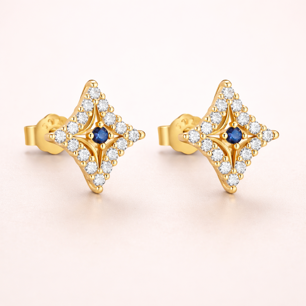 Boucles d’oreilles ALYKES – Argent 925 plaqué or 18K & zircon bleu | Maison Aureus