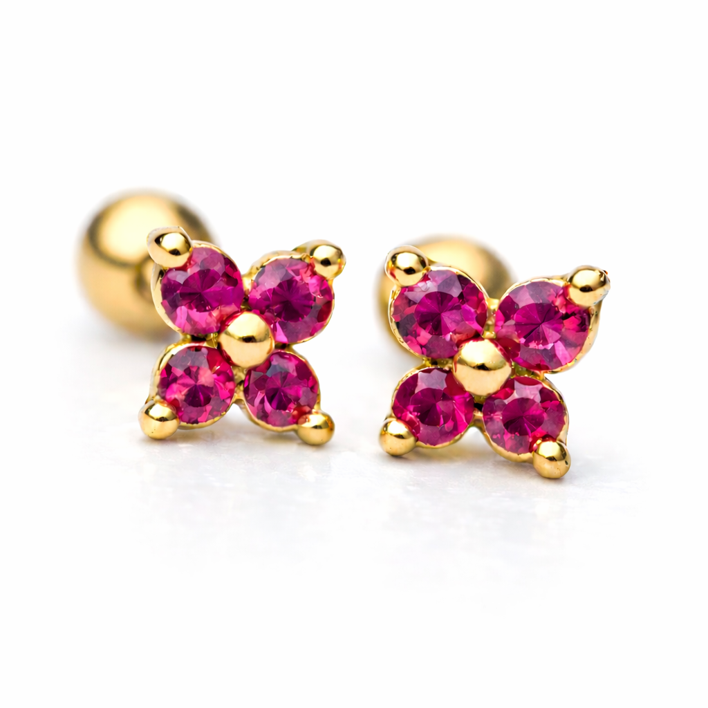 Boucles d’oreilles / Piercing CAPOTERA – Fleur trèfle en zircon rose fuchsia | Argent 925 & Plaqué or - Maison Aureus