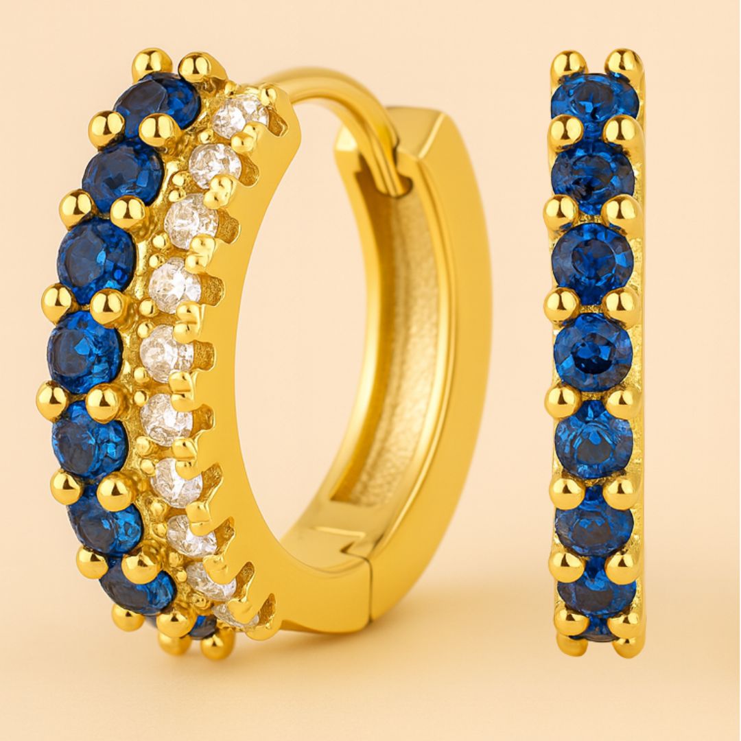 Boucles d’oreilles ATHENA – Argent 925 plaqué or 18K & pavage de zircones bleues AAA+ | Maison Aureus
