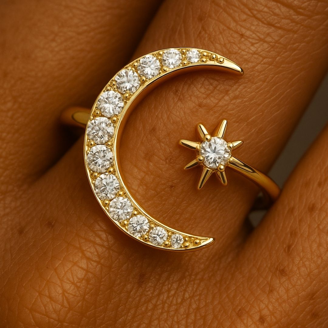 Bague LUNARIA AUREUS – Argent 925 plaqué or 18K, Lune & Étoile serties de zircones – Bague redimensionnable Maison Aureus
