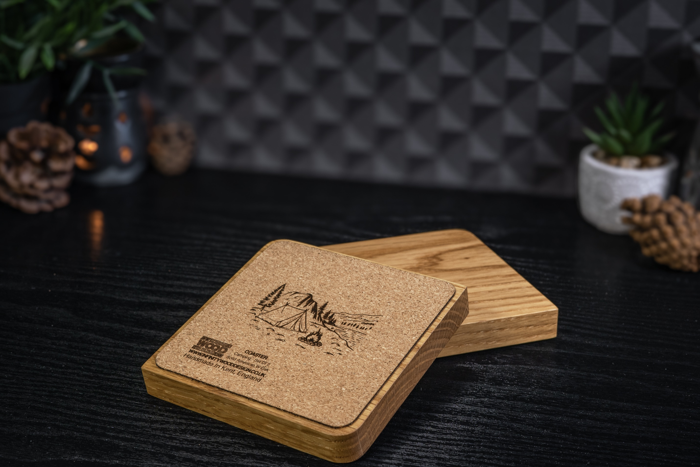 2 x Moon Engraved Solid Oak Coasters