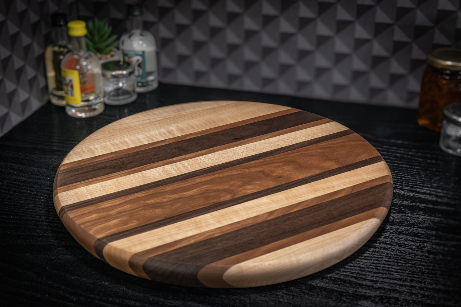 Round Walnut, Cherry and Maple Cutting Board