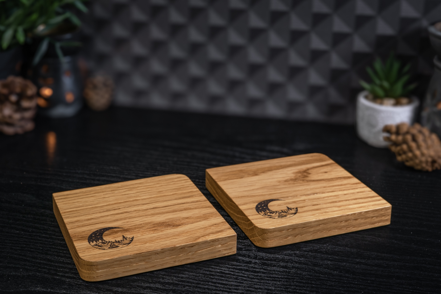 2 x Moon Engraved Solid Oak Coasters