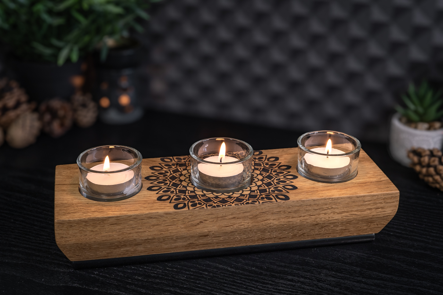Mandala Engraved Solid Oak Tea Light Candle Holder 