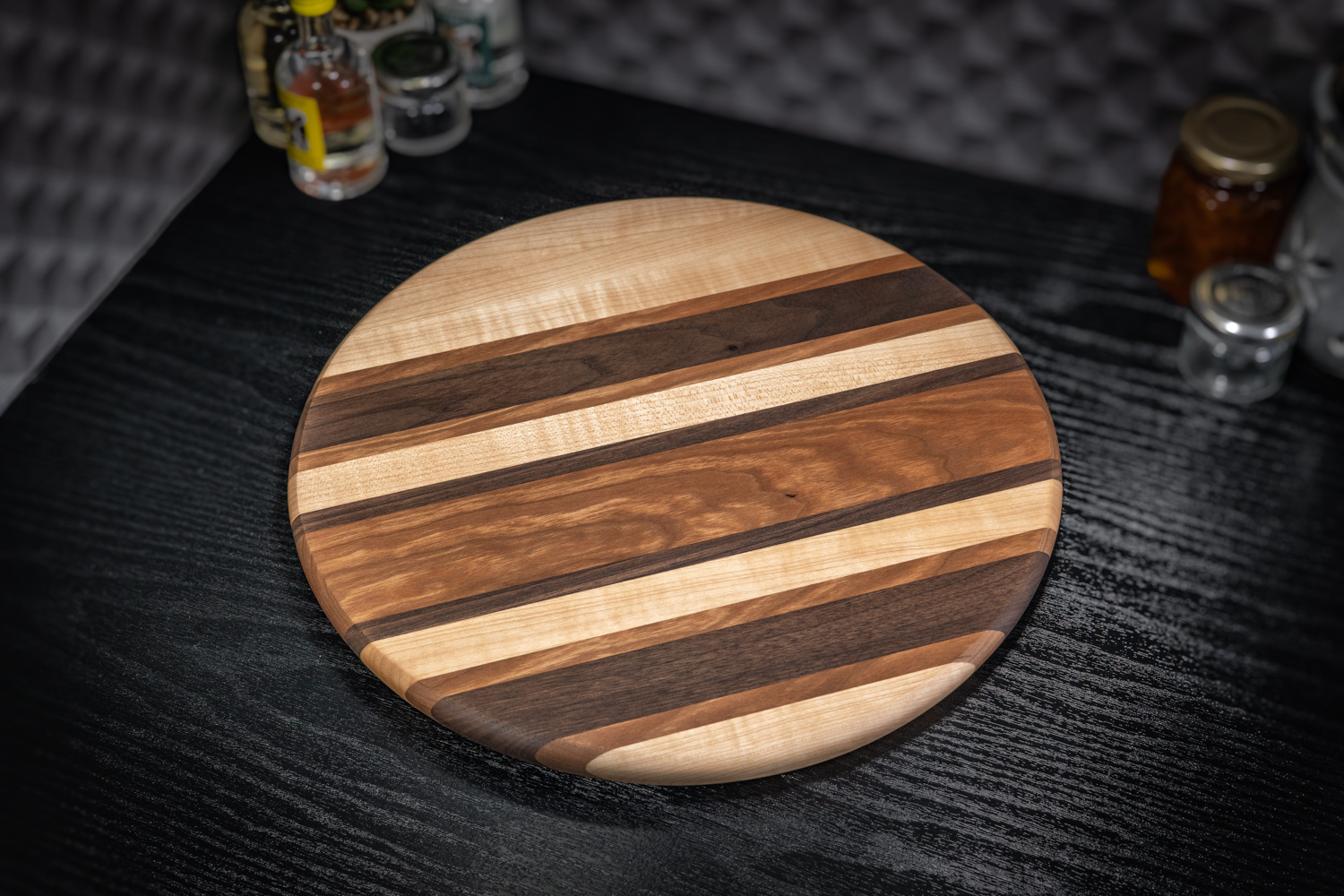 Round Walnut, Cherry and Maple Cutting Board