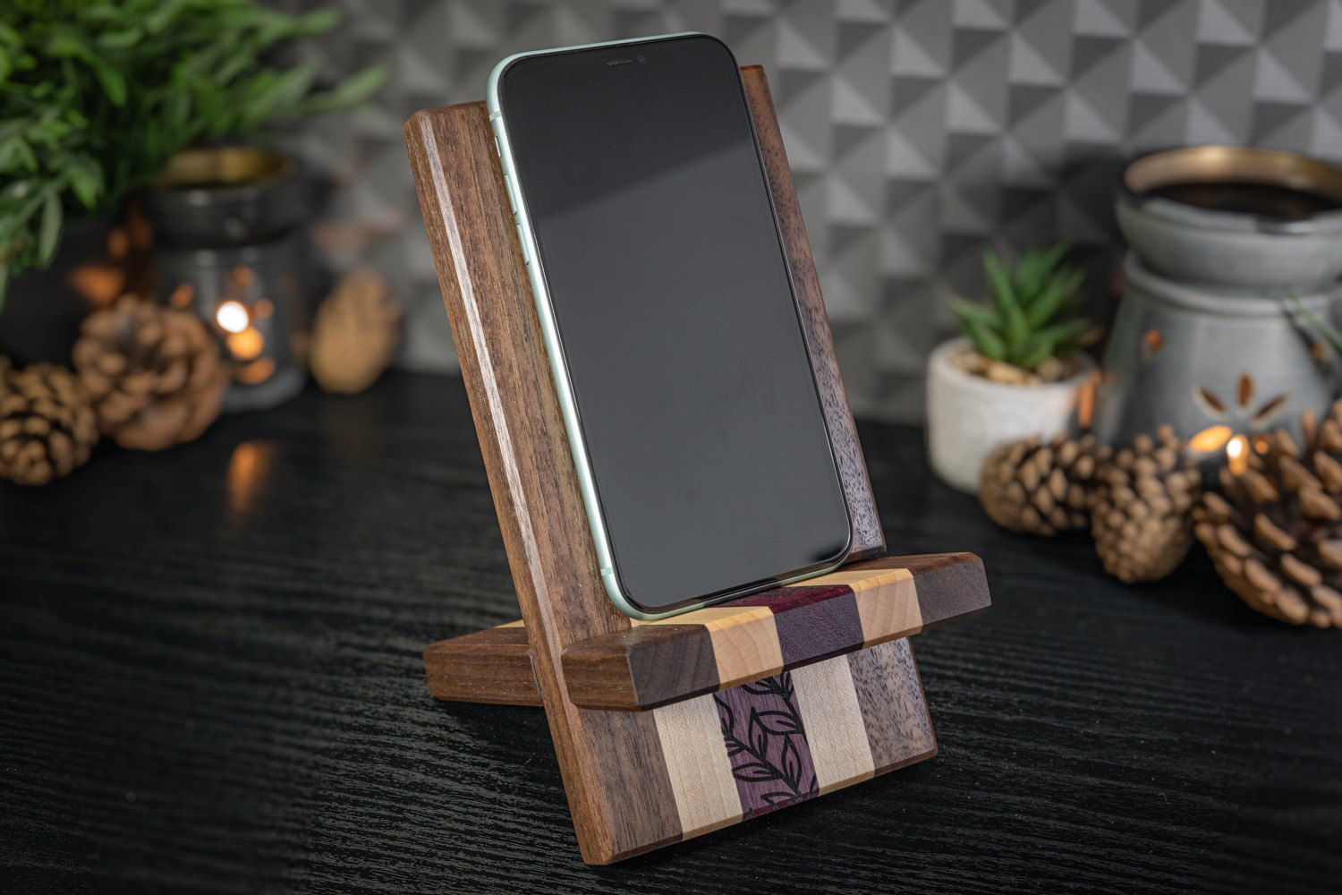 Plant Engraved Walnut, Maple and Purpleheart Phone Stand