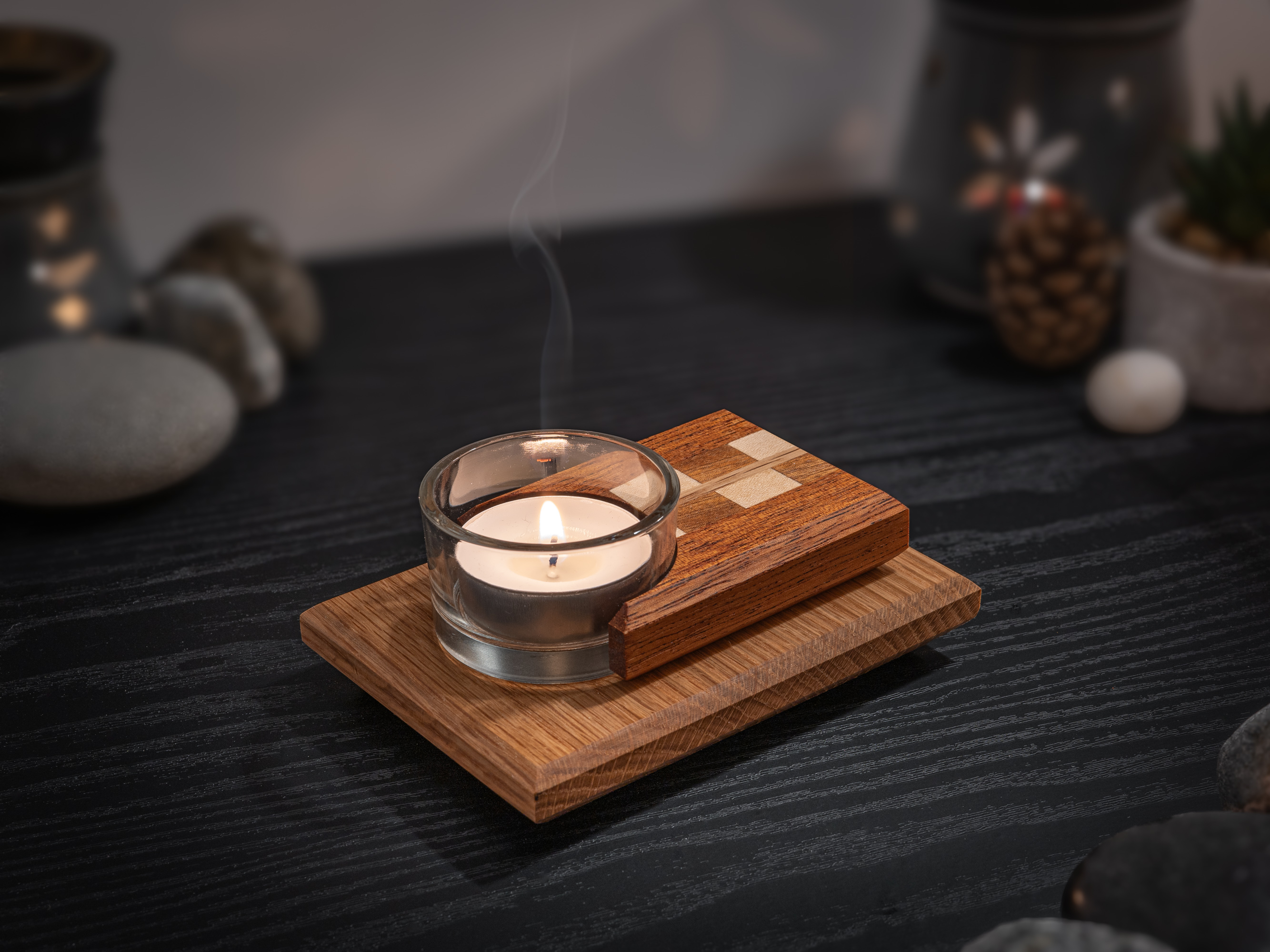 Hardwood & Glass Modern Tea Light Candle Holder