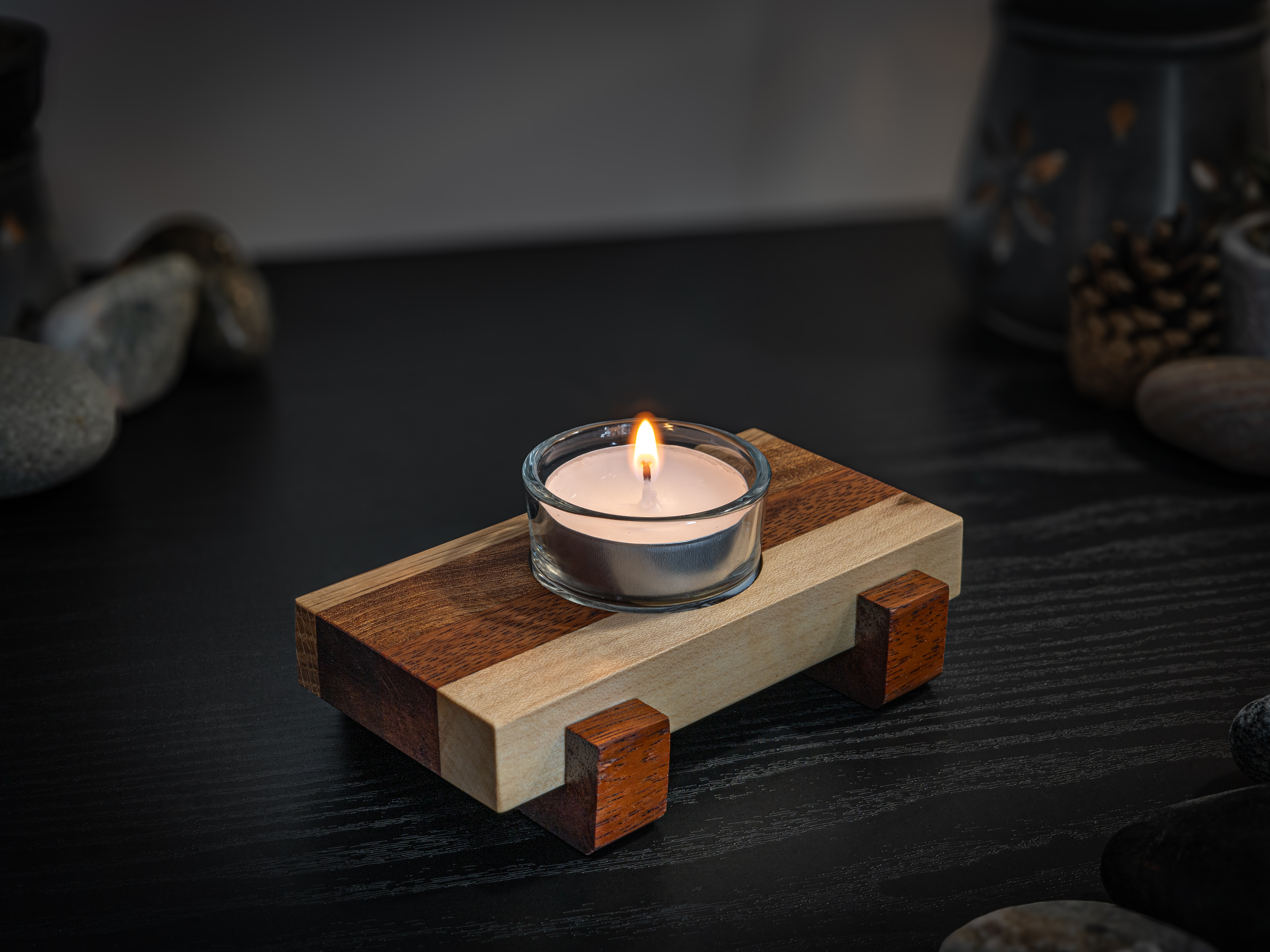 Hardwood & Glass Asian Style Tea Light Candle Holder