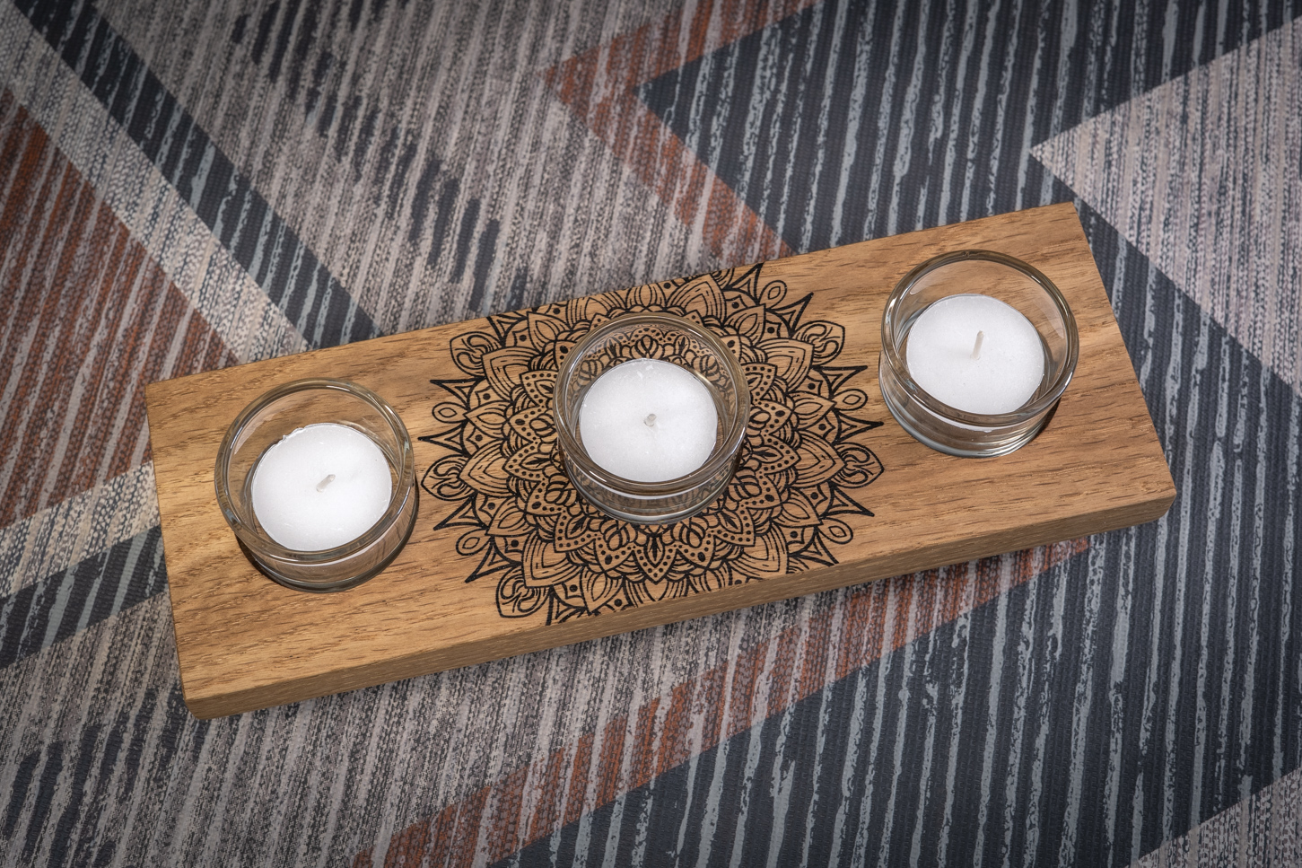 Mandala Engraved Solid Oak Tea Light Candle Holder 