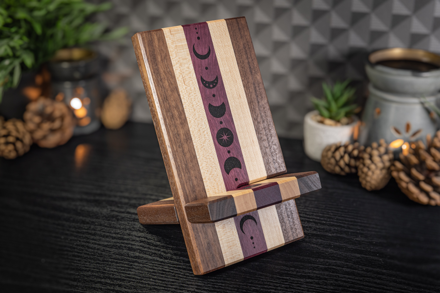 Moons Engraved Walnut, Maple and Purpleheart Phone Stand