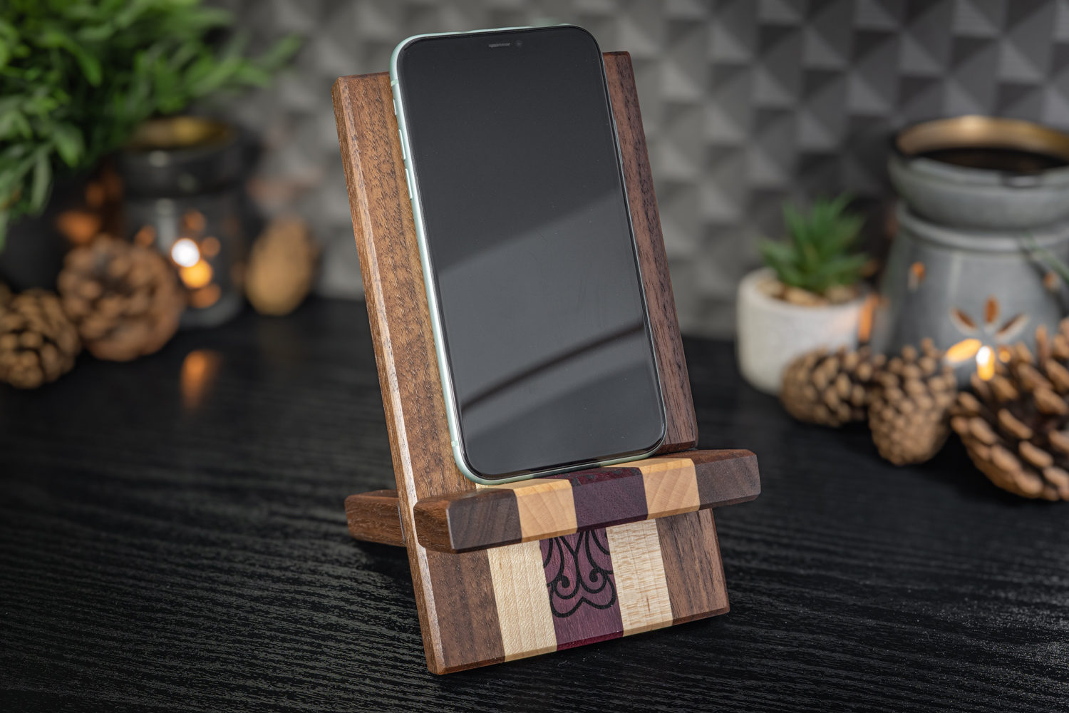 Flower Engraved Walnut, Maple and Purpleheart Phone Stand