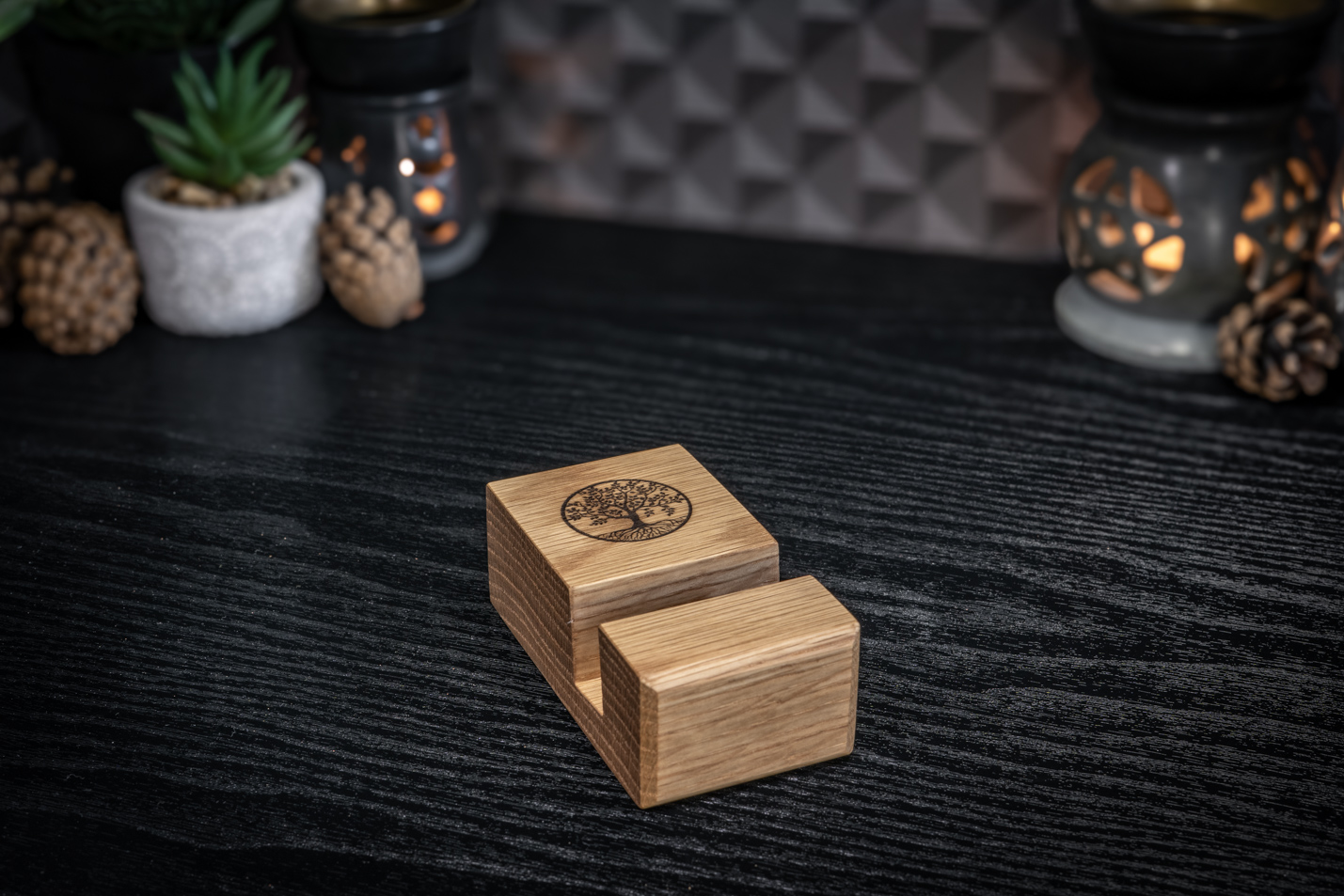 Tree Engraved Oak Phone Stand