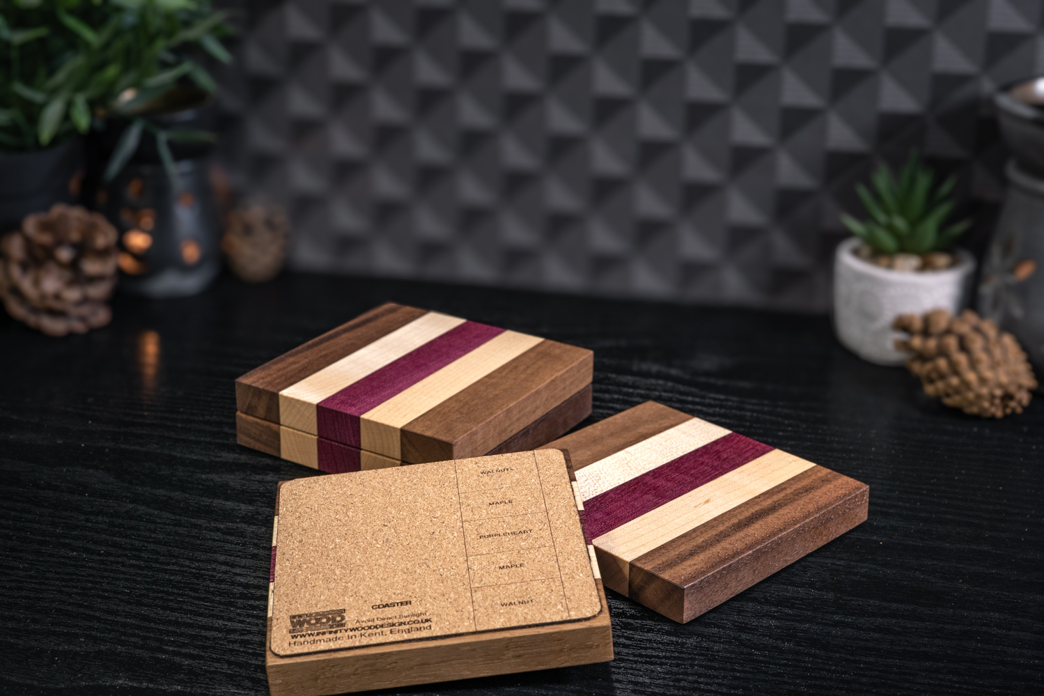 4 x Walnut, Maple & Purpleheart Coasters