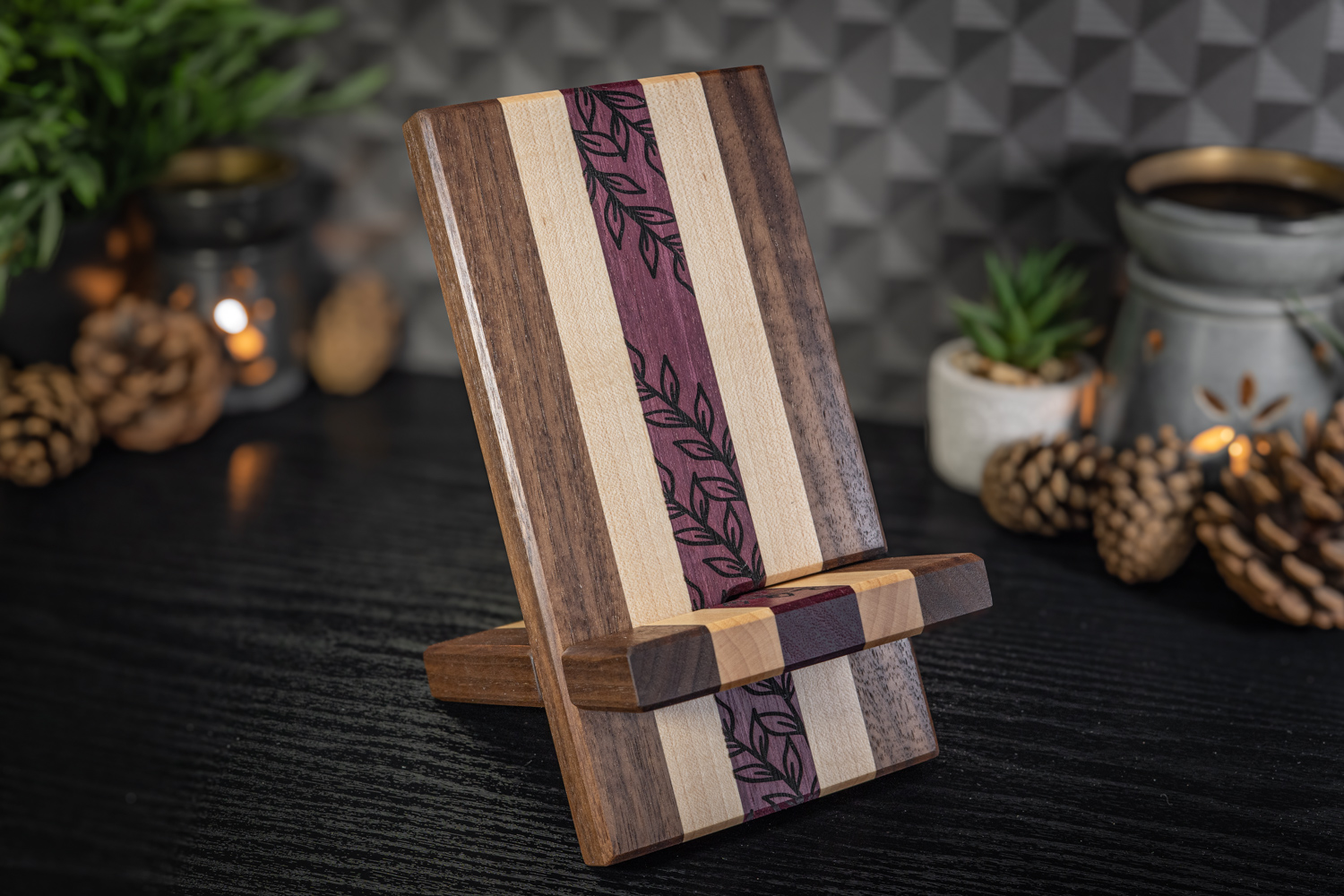 Plant Engraved Walnut, Maple and Purpleheart Phone Stand