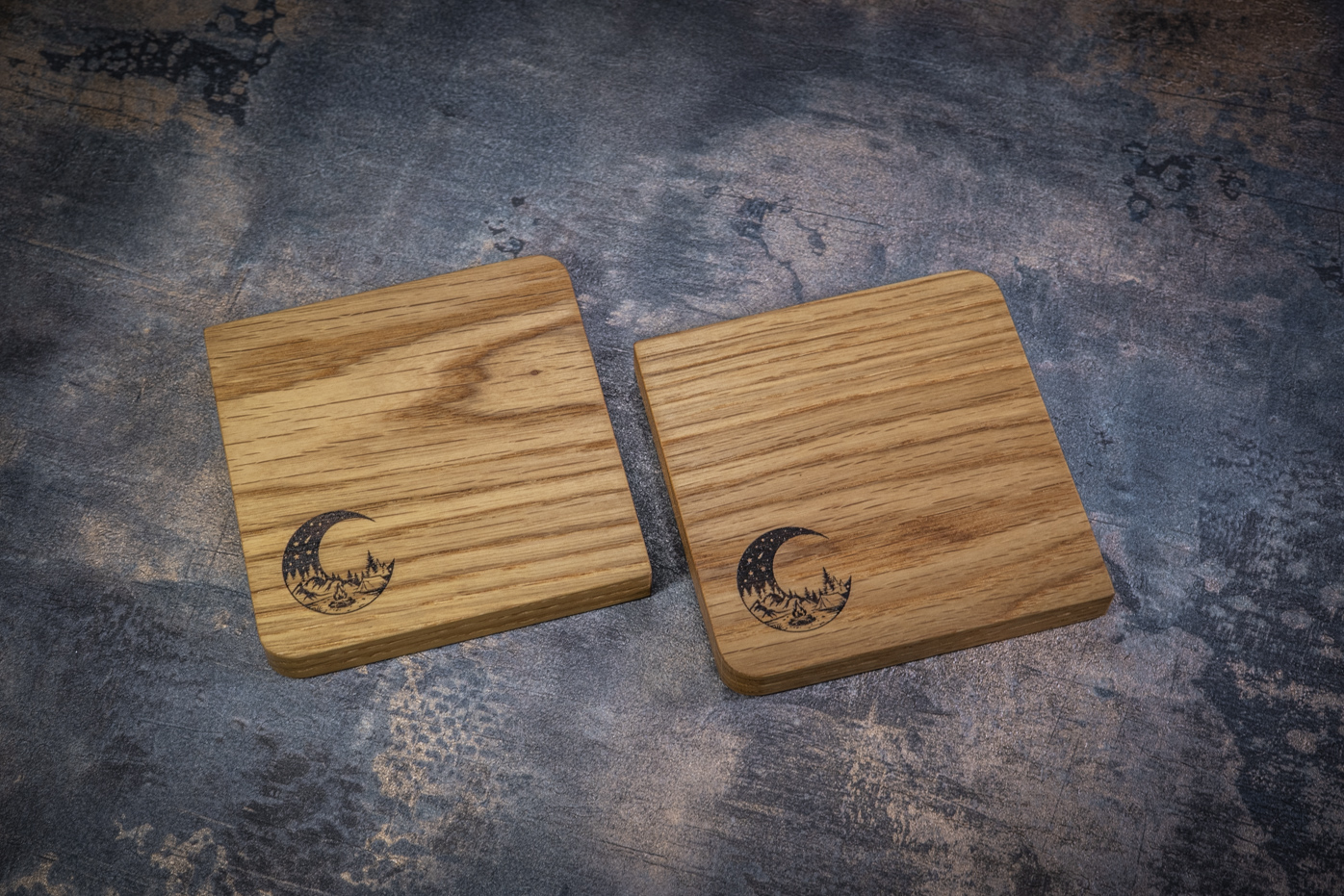2 x Moon Engraved Solid Oak Coasters