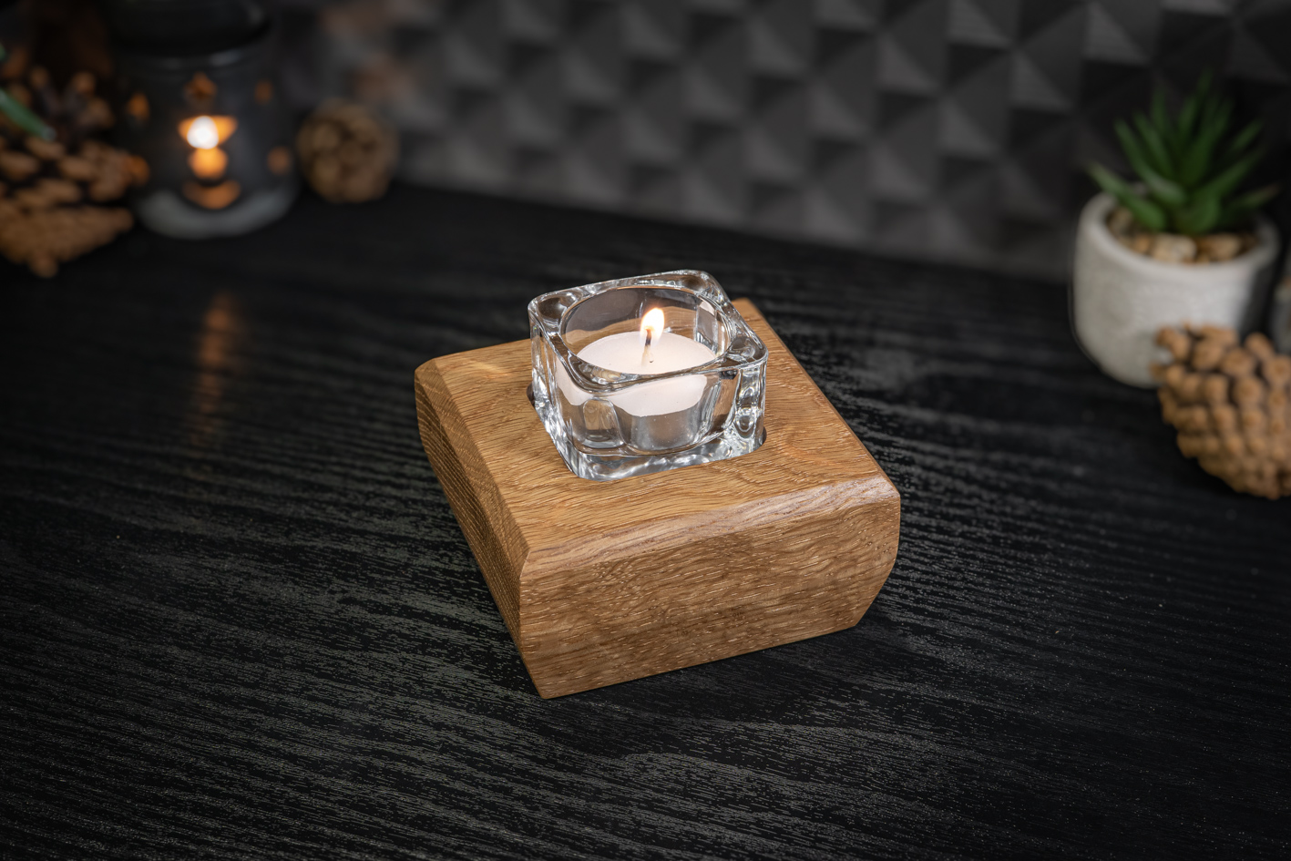 Chamfered Solid Oak Tea Light Candle Holder 