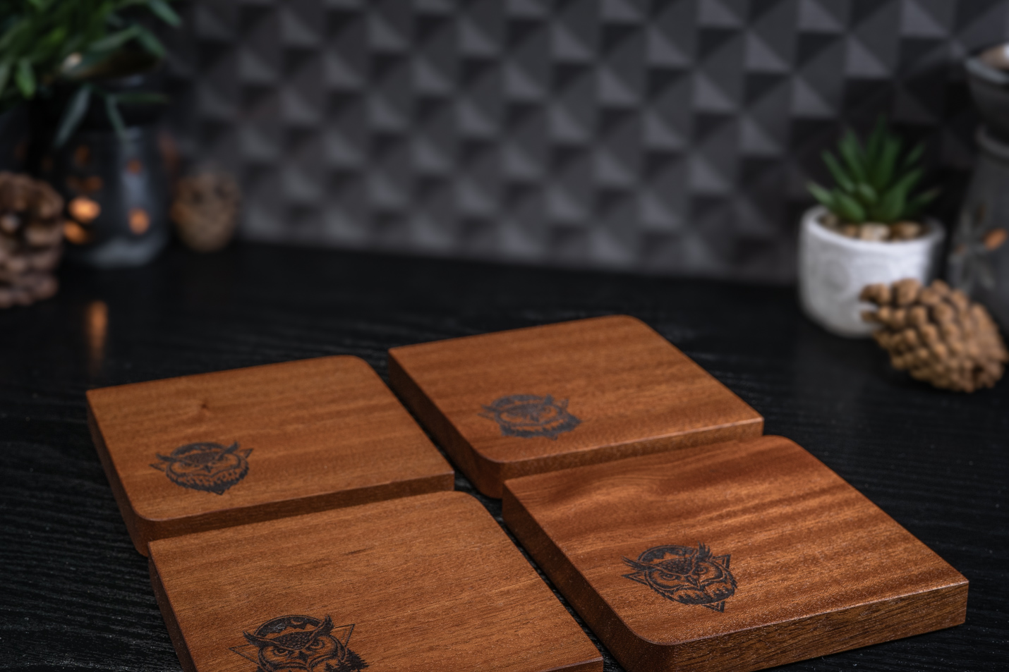 4 x Owls Engraved Solid Sapele Coasters