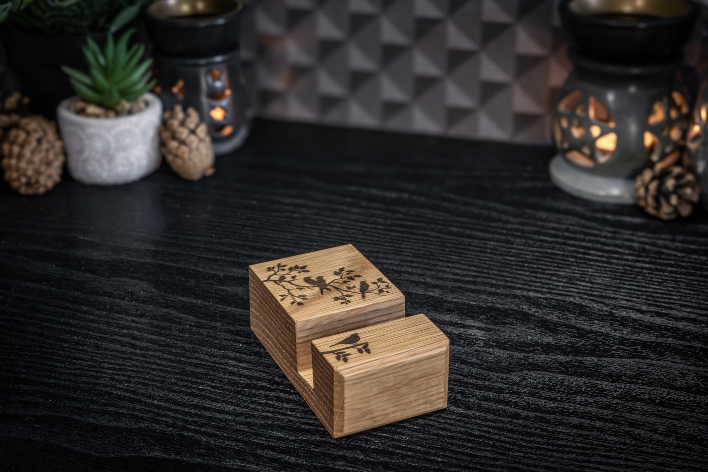 Bird Tree Engraved Oak Phone Stand