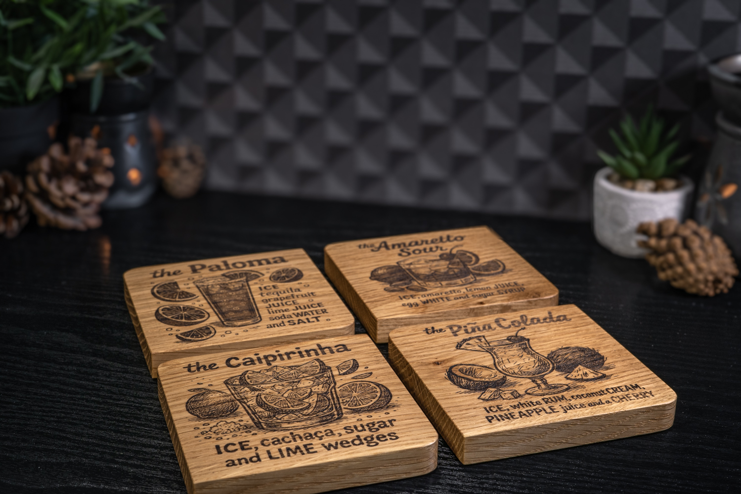 4 x Drink Engraved Solid Oak Coasters