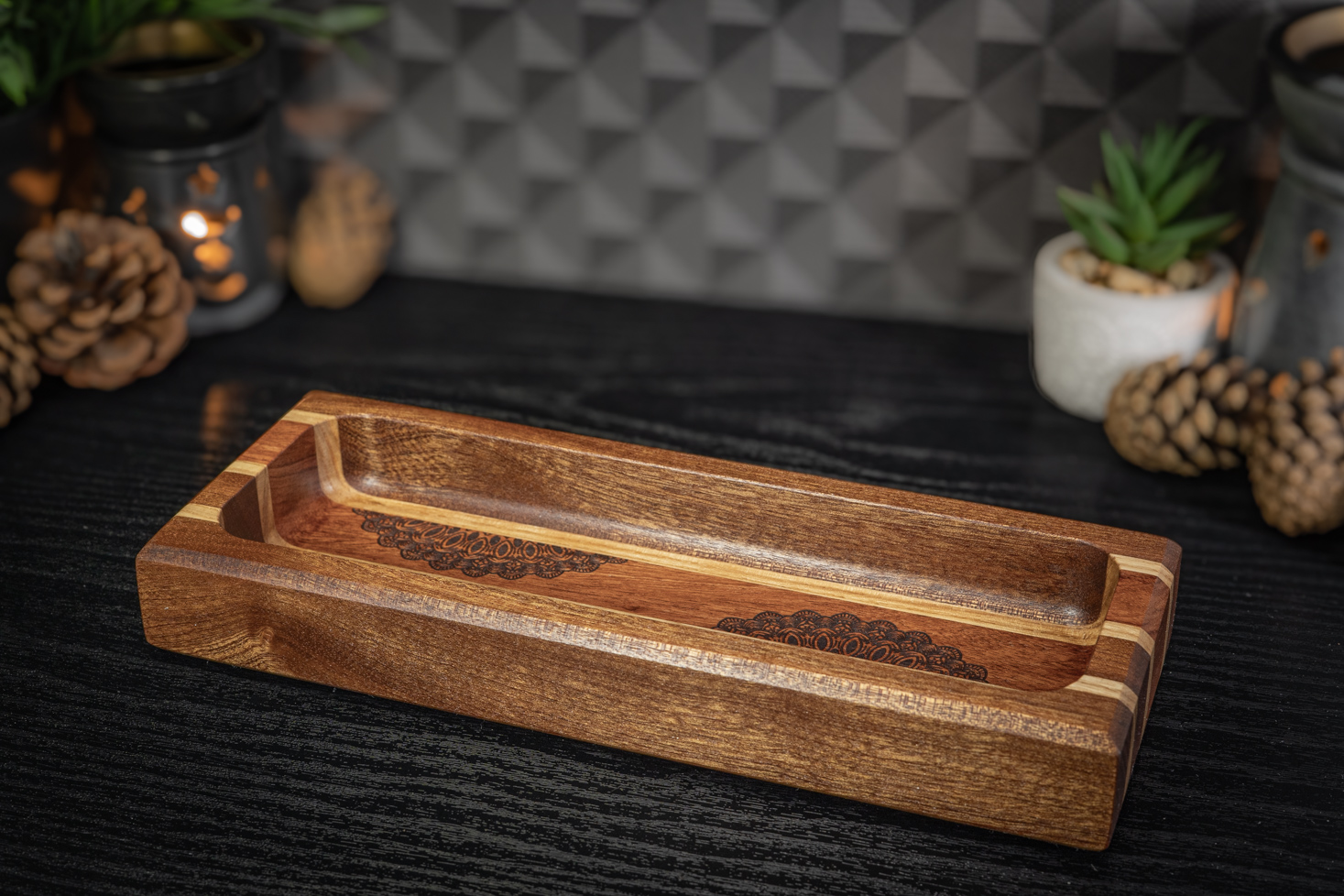 Mandala Sapele, Ash and Rosewood Engraved Long Trinket Tray
