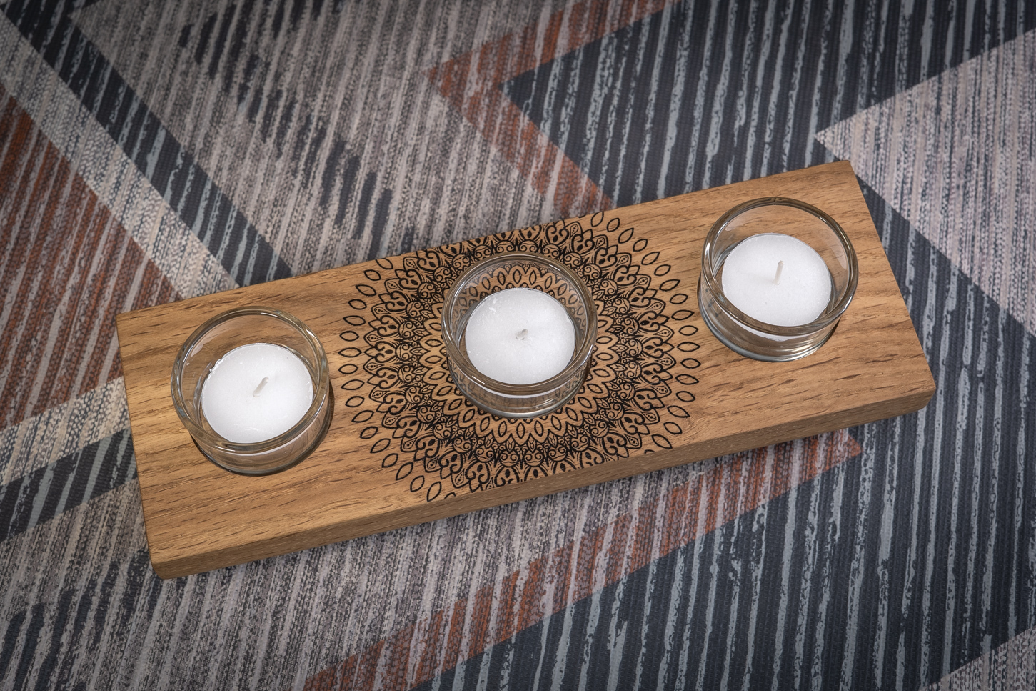 Mandala Engraved Solid Oak Tea Light Candle Holder 