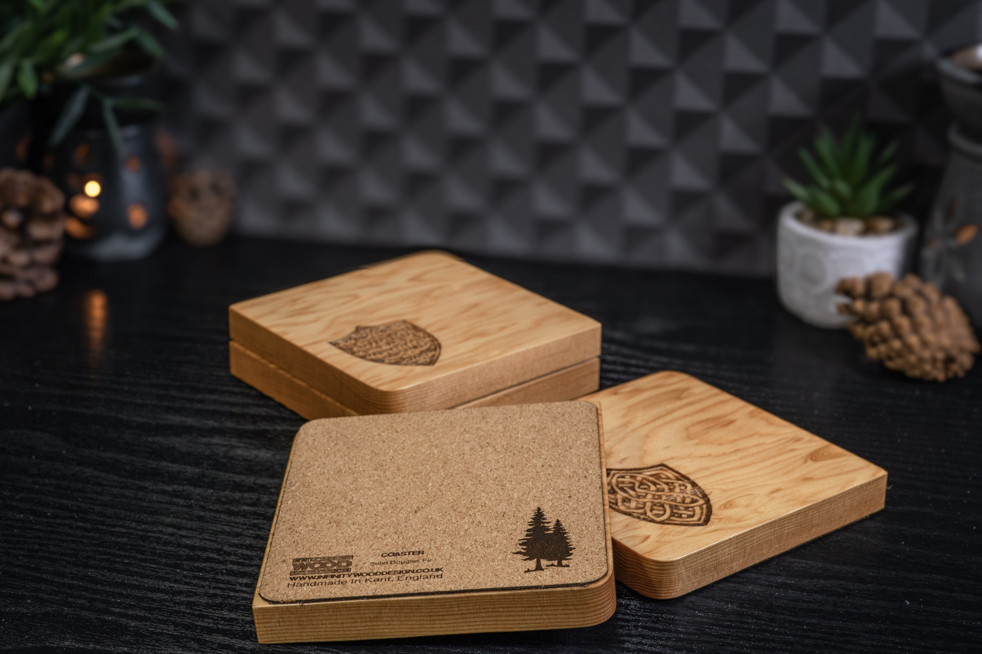 4 x Shield Engraved Solid Douglas Fir Coasters