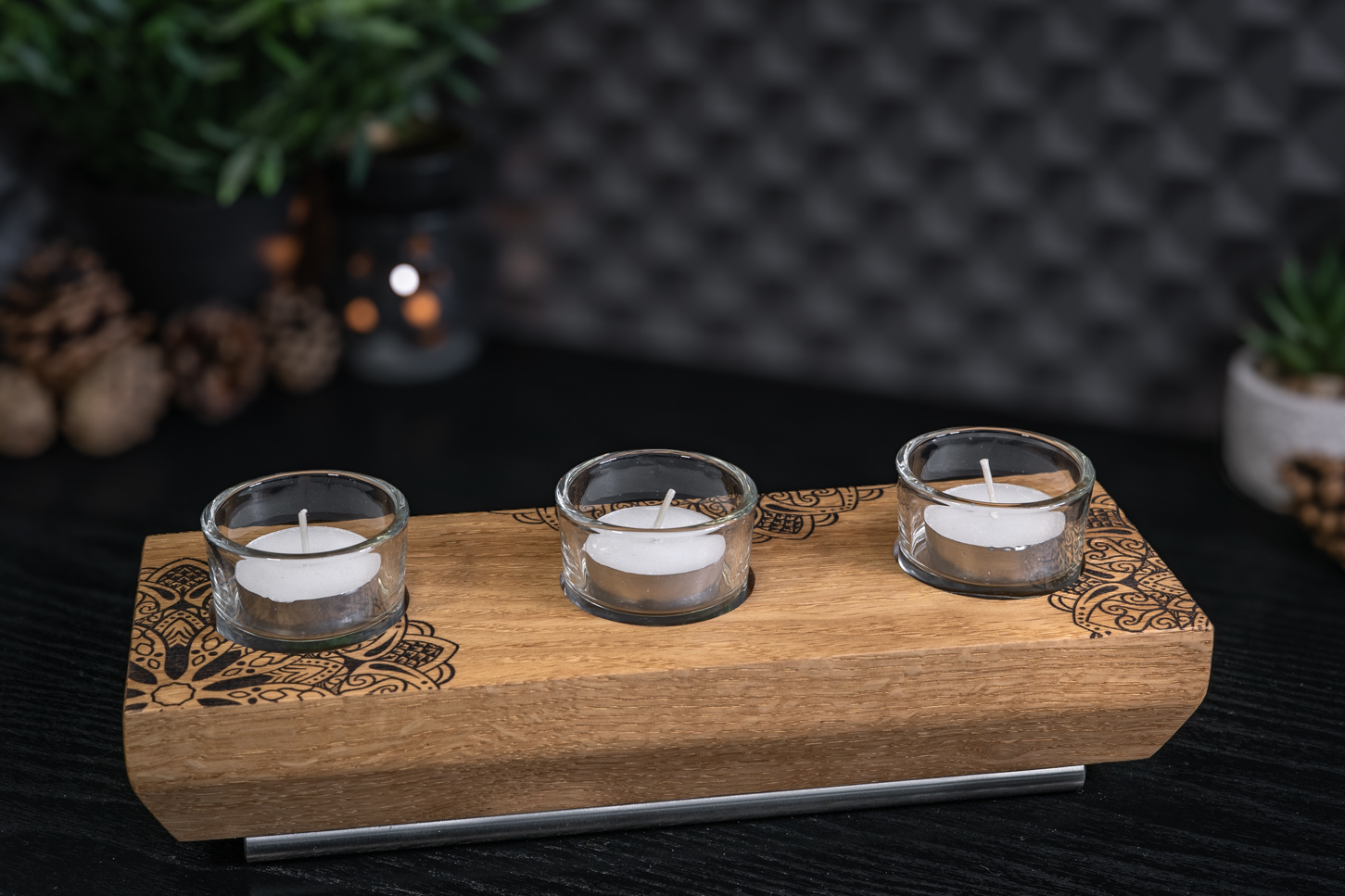 Split Mandala Engraved Solid Oak Tea Light Candle Holder 