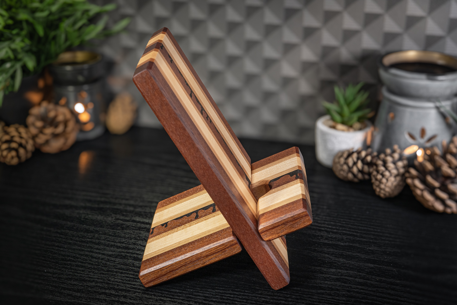 Drip Engraved Sapele, Cherry & Maple Phone Stand