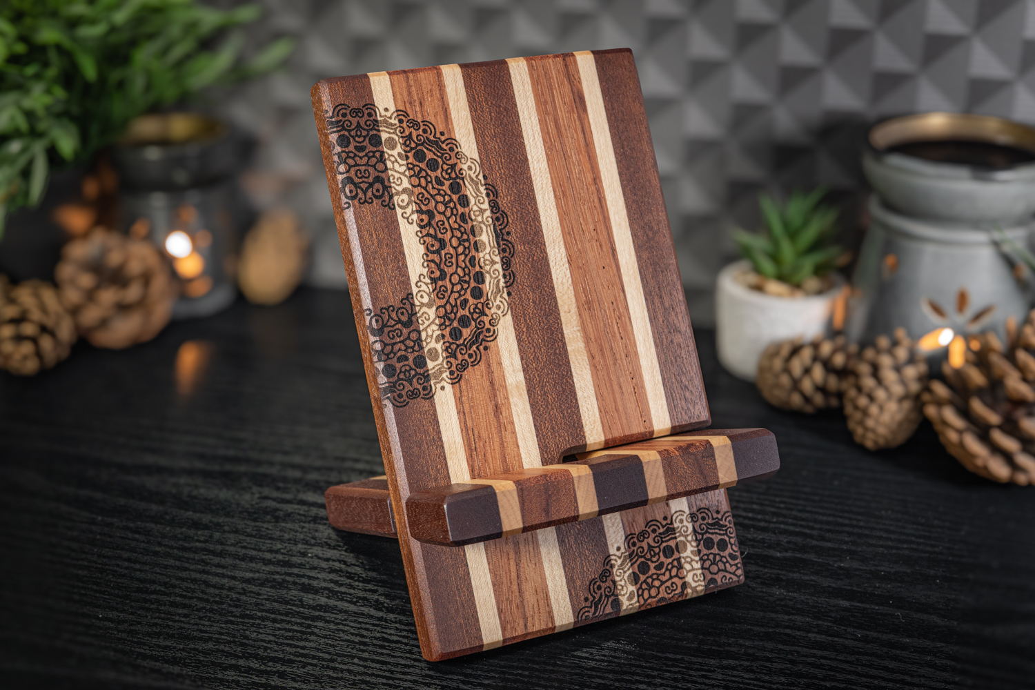 Mandala Engraved Sapele, Maple and Ebiara Phone Stand