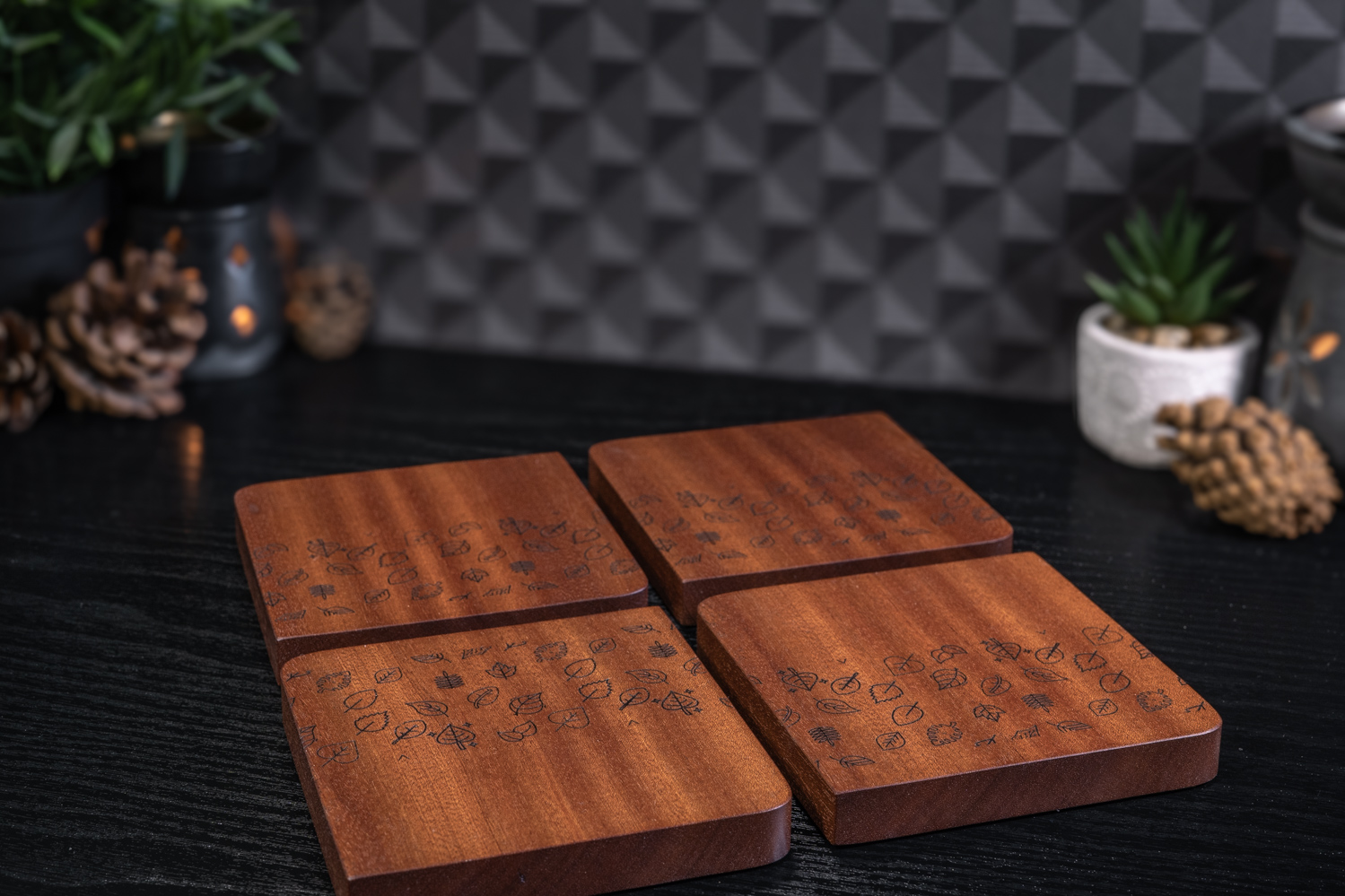 4 x Falling Leaves Engraved Solid Sapele Coasters