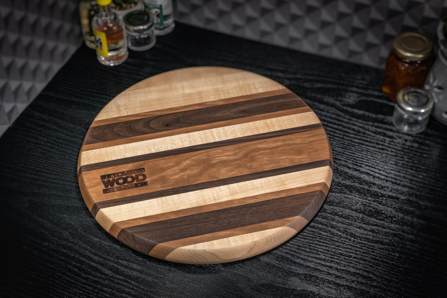 Round Walnut, Cherry and Maple Cutting Board