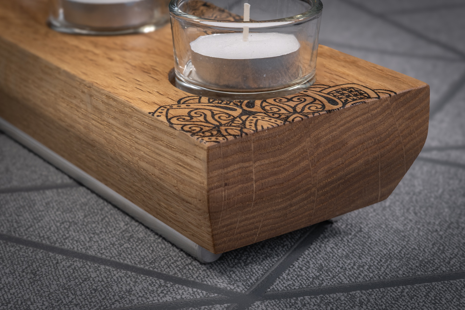Split Mandala Engraved Solid Oak Tea Light Candle Holder 