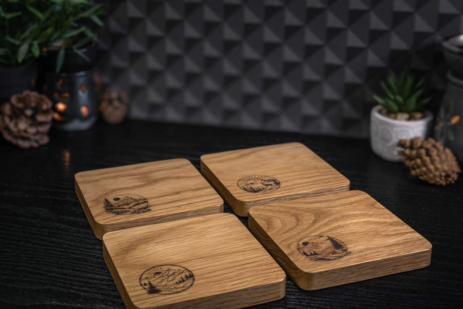 4 x Circle Nature Engraved Solid Oak Coasters