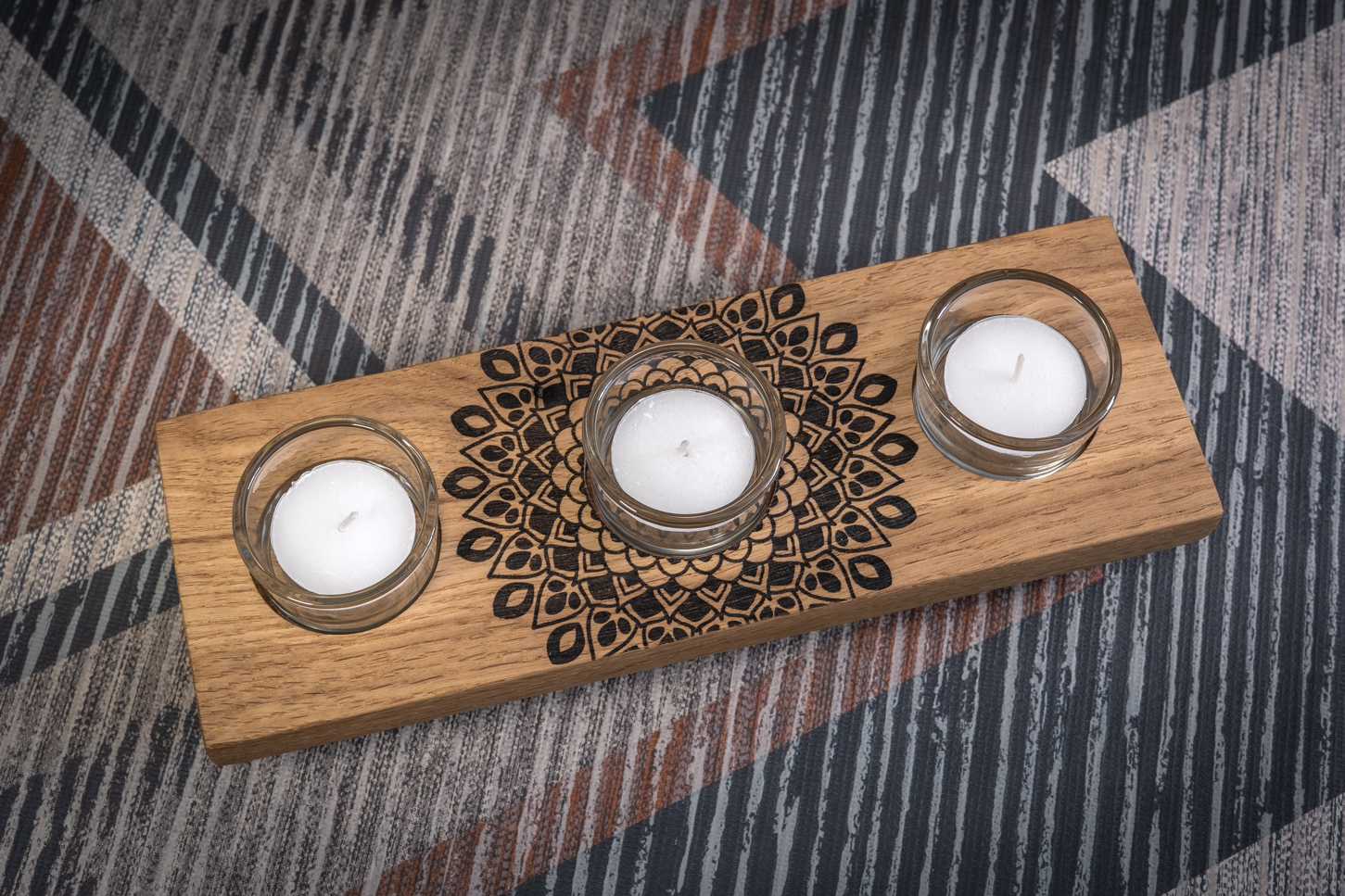 Mandala Engraved Solid Oak Tea Light Candle Holder 