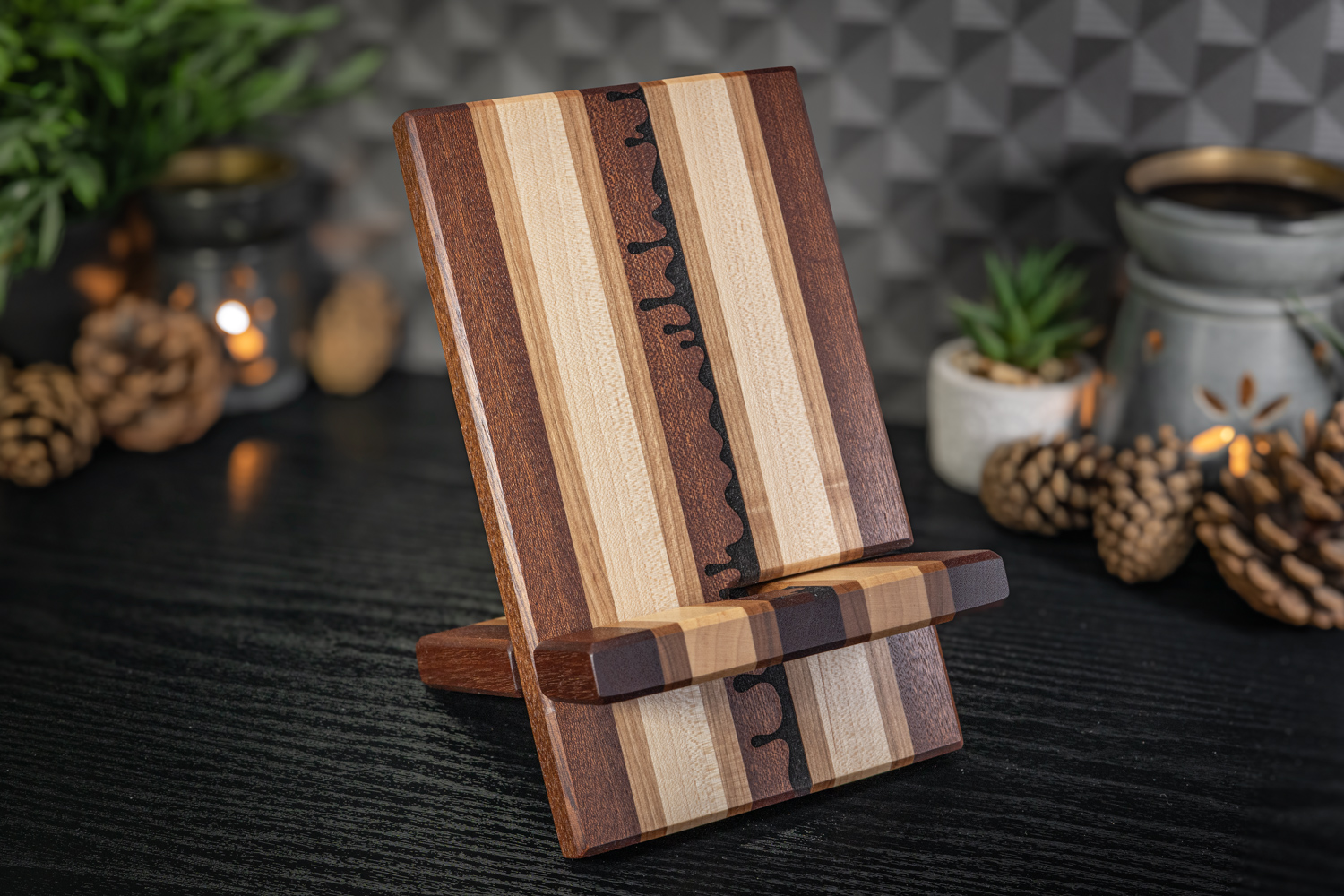 Drip Engraved Sapele, Cherry & Maple Phone Stand