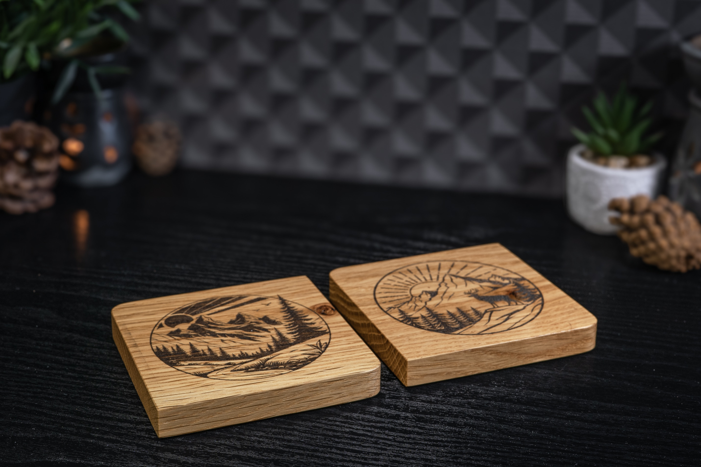 2 x Nature Engraved Solid Oak Coasters