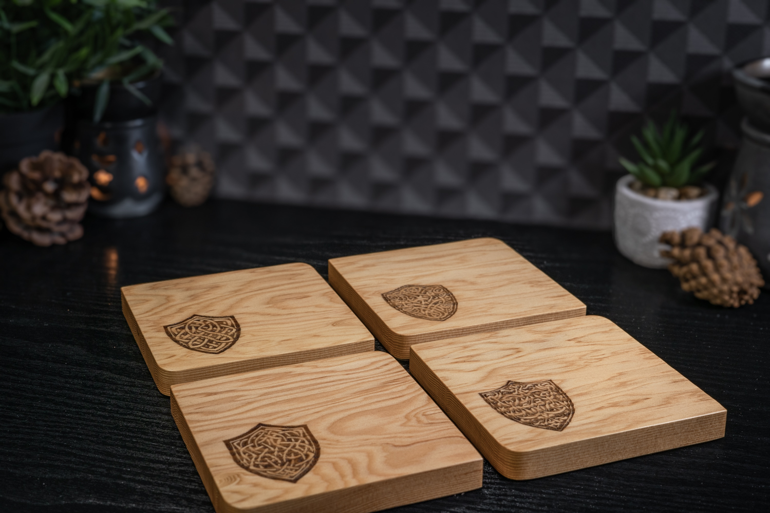 4 x Shield Engraved Solid Douglas Fir Coasters