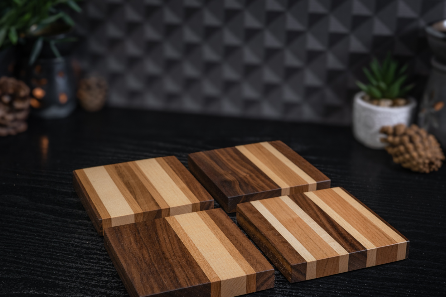4 x Walnut, Maple & Cherry Coasters