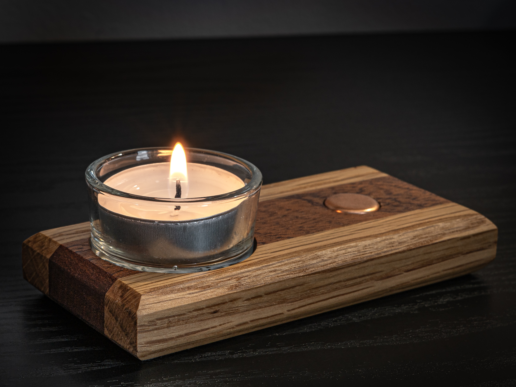 Hardwood & Glass Striped Tea Light Candle Holder With Copper Accent