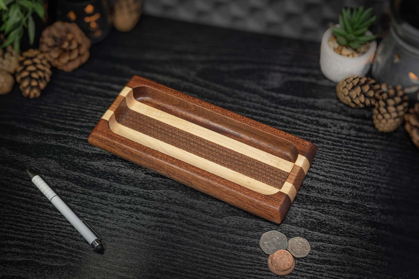 Sapele, Cherry and Maple Engraved Long Trinket Tray