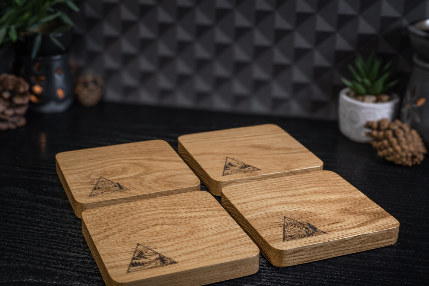 4 x Triangle Nature Engraved Solid Oak Coasters