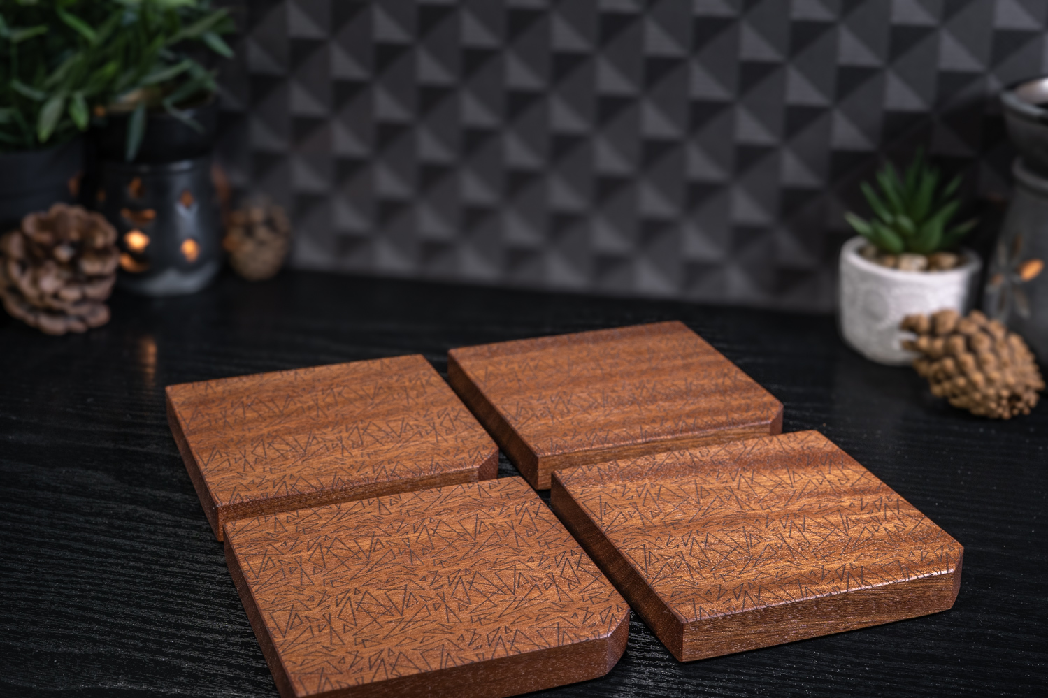 4 x Geometric Engraved Solid Sapele Coasters