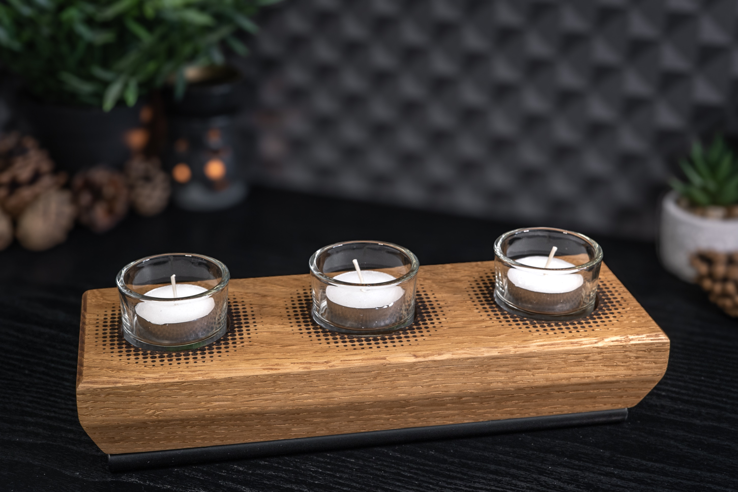 Dots Engraved Solid Oak Tea Light Candle Holder 
