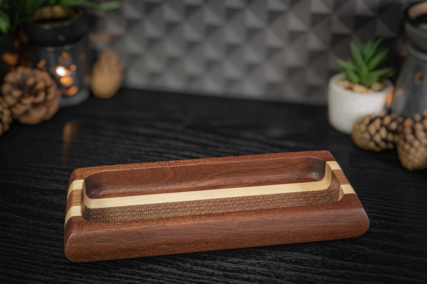 Sapele, Cherry and Maple Engraved Long Trinket Tray