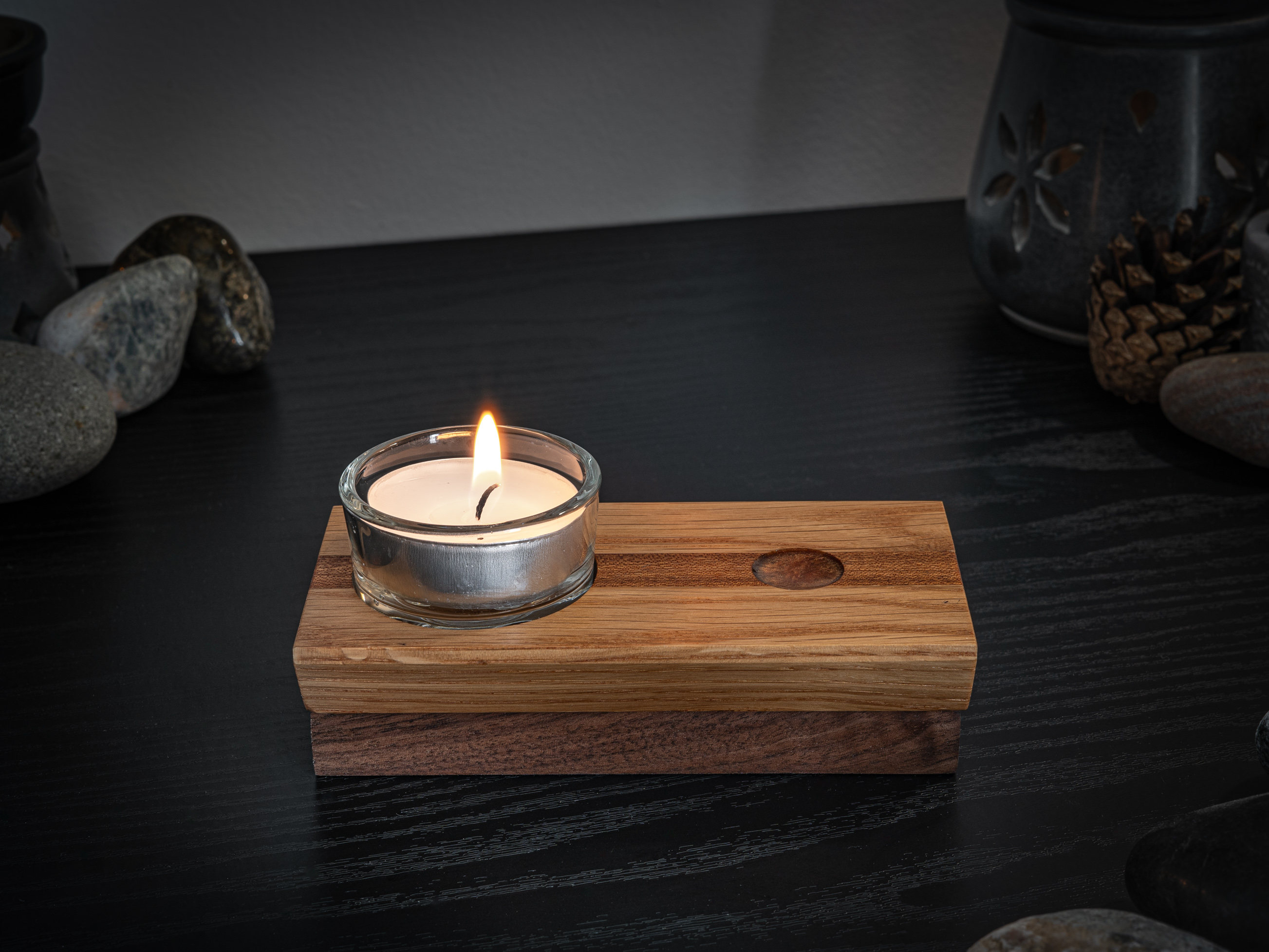 Hardwood & Glass Striped Tea Light Candle Holder With Copper Resin Accent