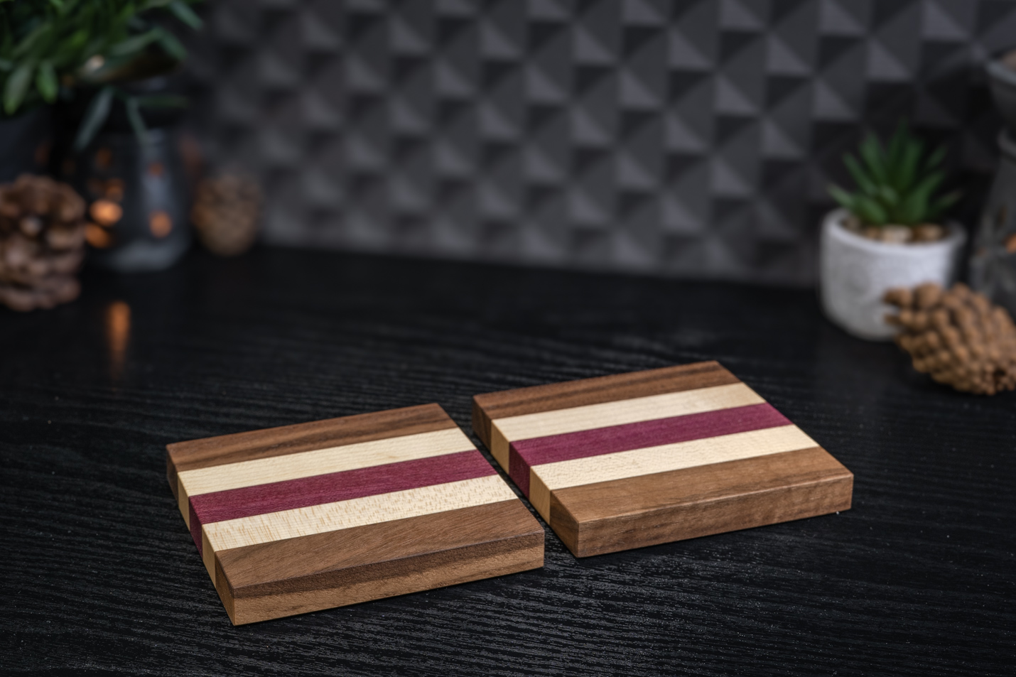 2 x Walnut, Maple & Purpleheart Coasters
