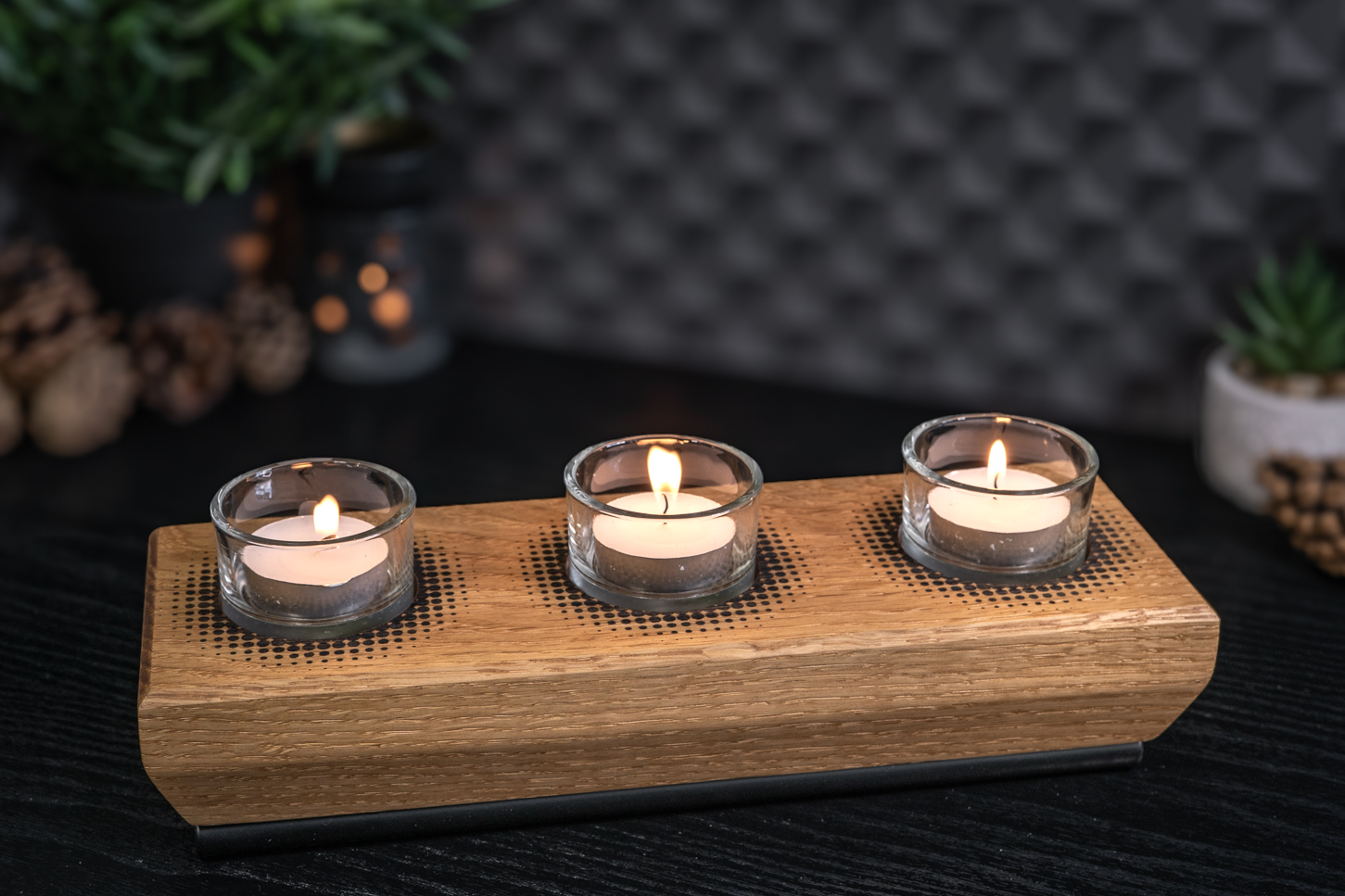 Dots Engraved Solid Oak Tea Light Candle Holder 