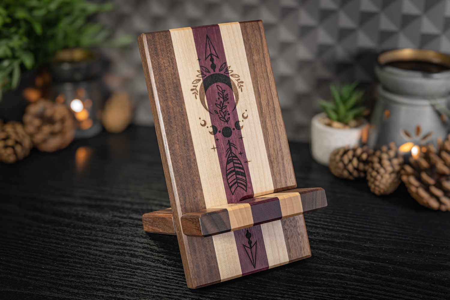 Spiritual Engraved Walnut, Maple and Purpleheart Phone Stand