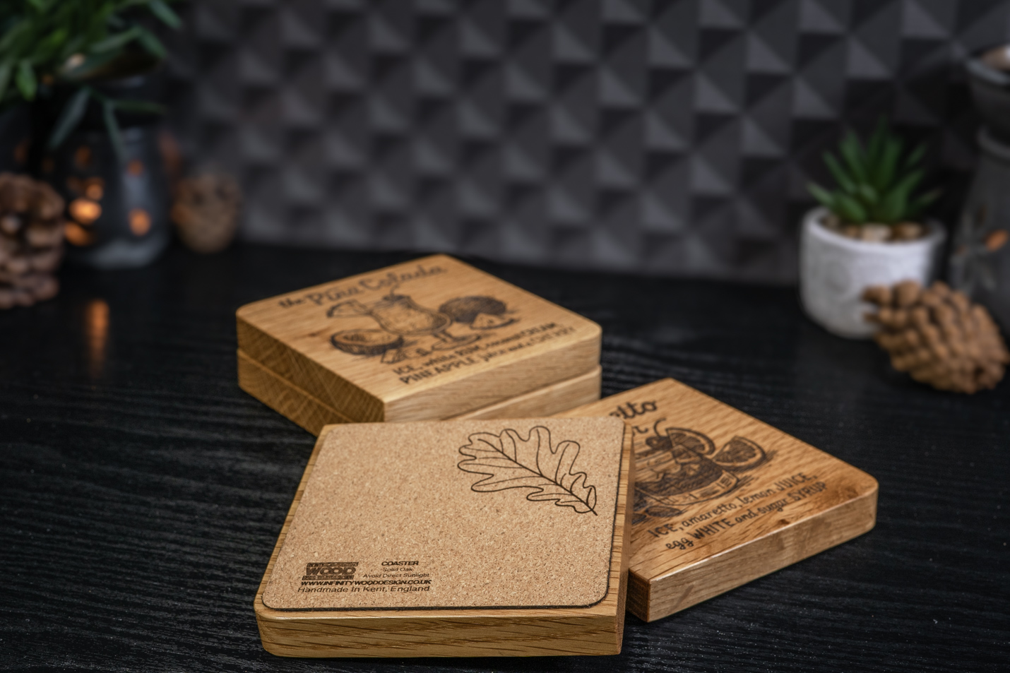 4 x Drink Engraved Solid Oak Coasters